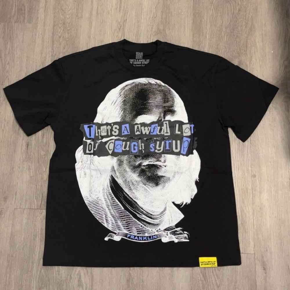 Black Graphic Short-Sleeve Tee with White Portrait and Blue Text Accents